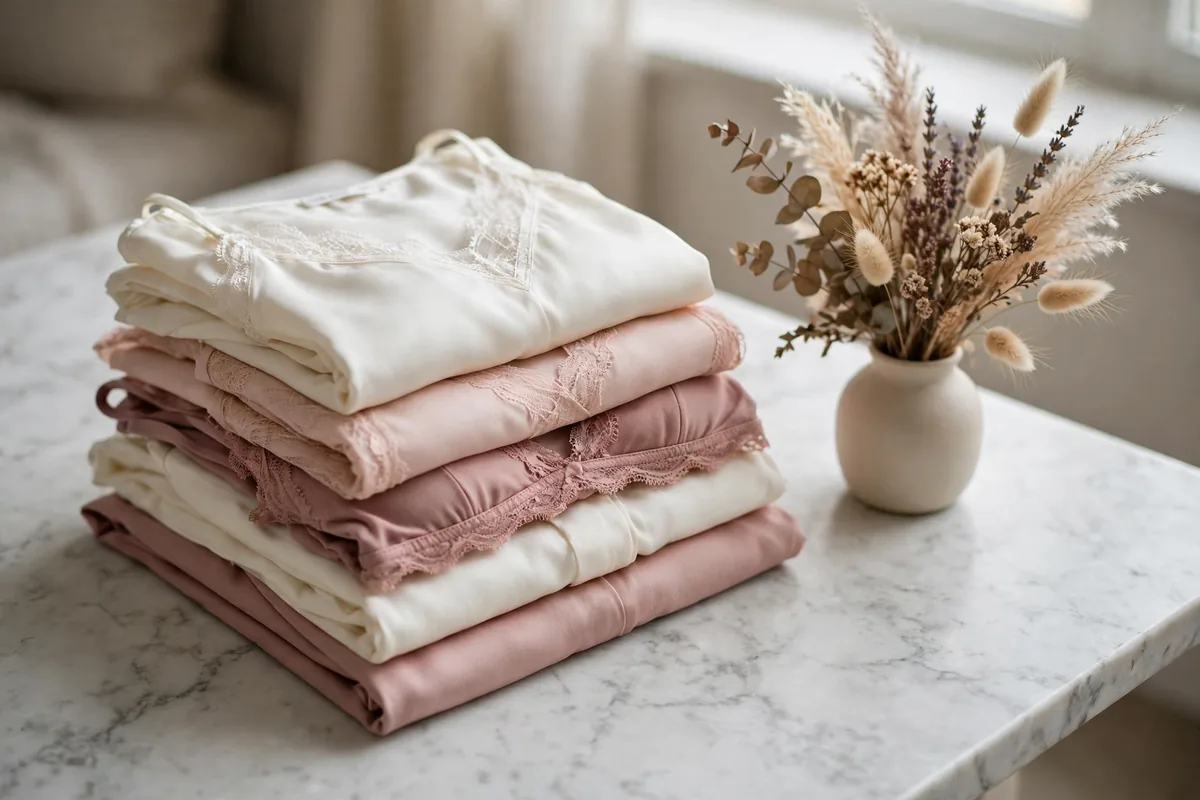 Folded blush and ivory garments with lace pieces and a small eucalyptus sprig on a linen cloth