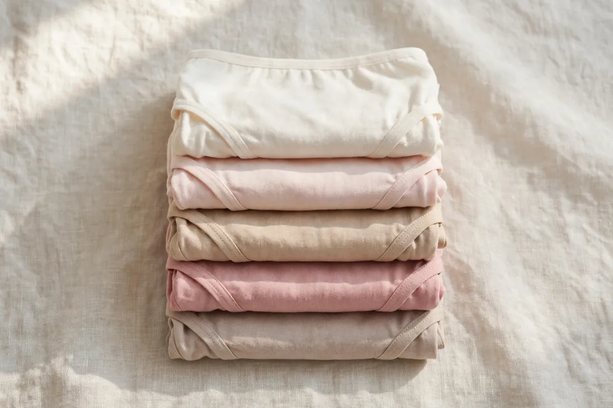 Stack of five folded cotton period panties in ivory, blush and beige tones