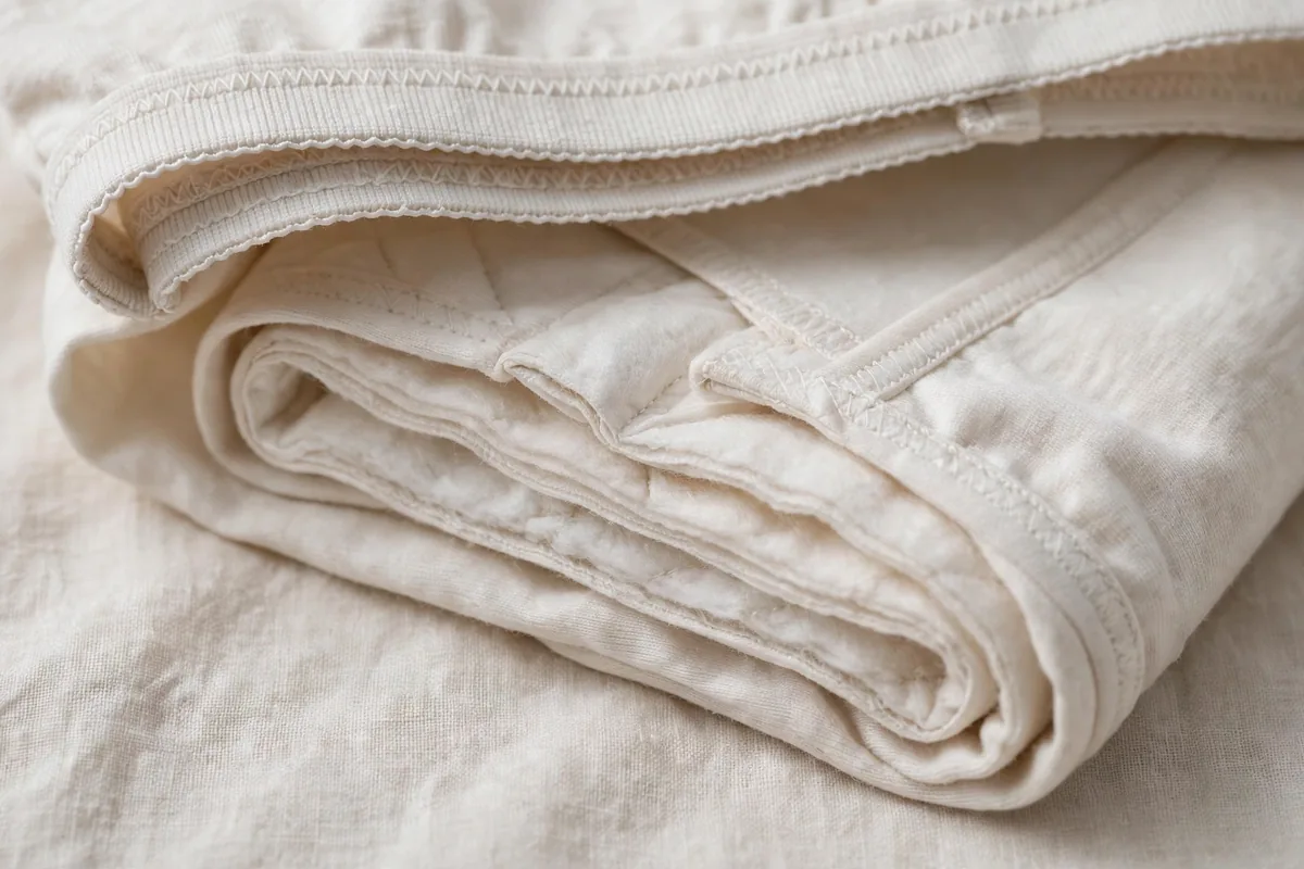 Close-up of the layered absorbent gusset and waistband of the period panty