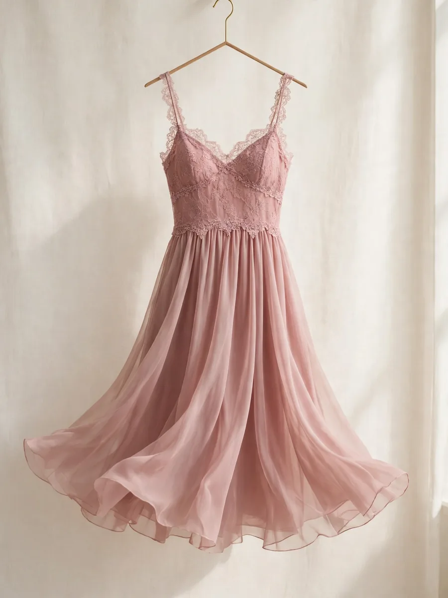 Dusty rose babydoll night dress with lace bodice and flowing chiffon skirt on a hanger