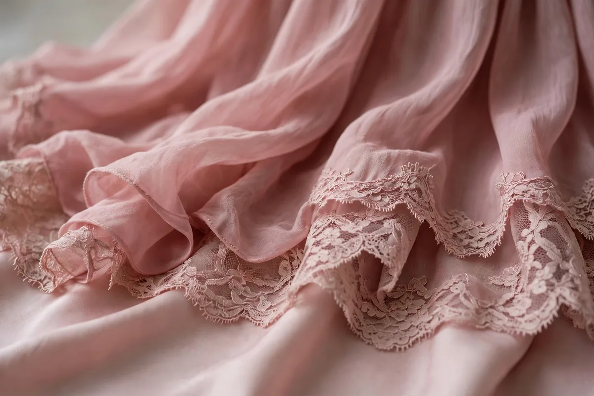 Close-up of dusty rose chiffon layers and lace hem of the babydoll gown