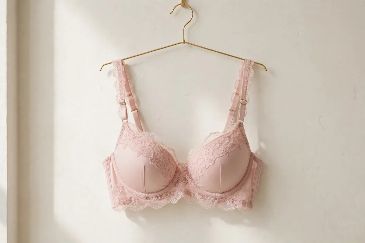 Blush pink balconette bra with lace trim hanging on a gold hanger