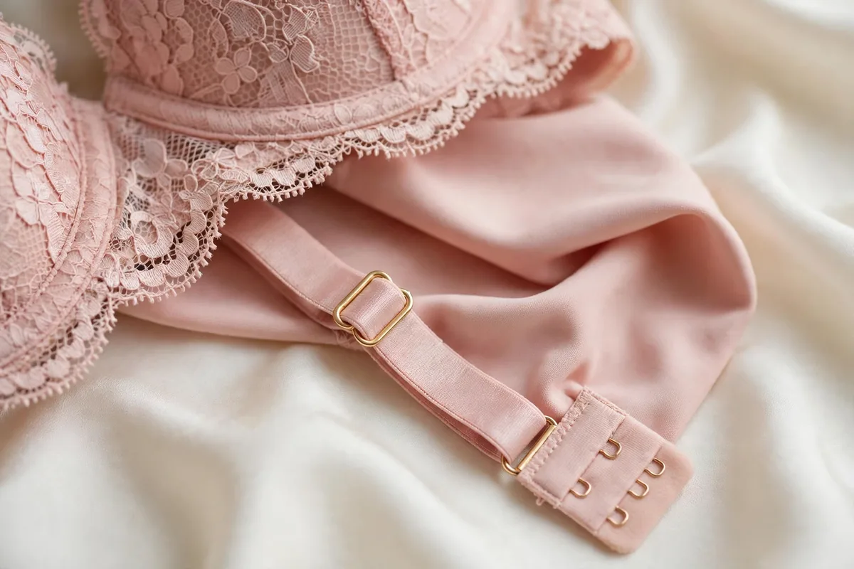 Close-up of the blush balconette bra lace, adjustable strap and gold-tone clasp