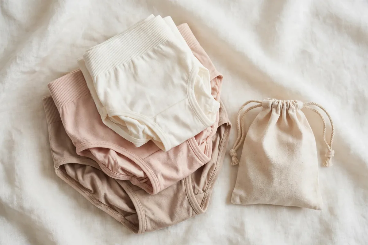 Stack of five folded cotton period panties in ivory, blush and beige tones