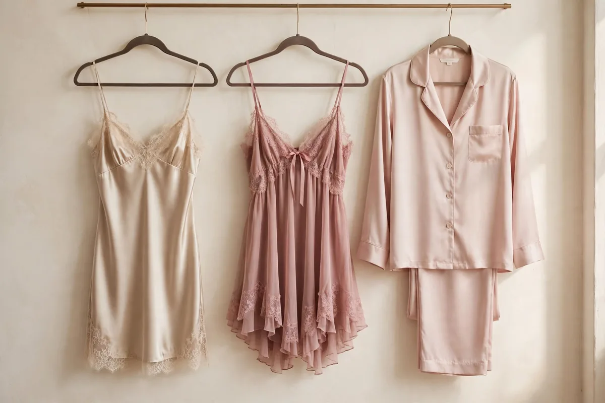 Blush satin pajama shirt and trousers neatly folded on ivory linen