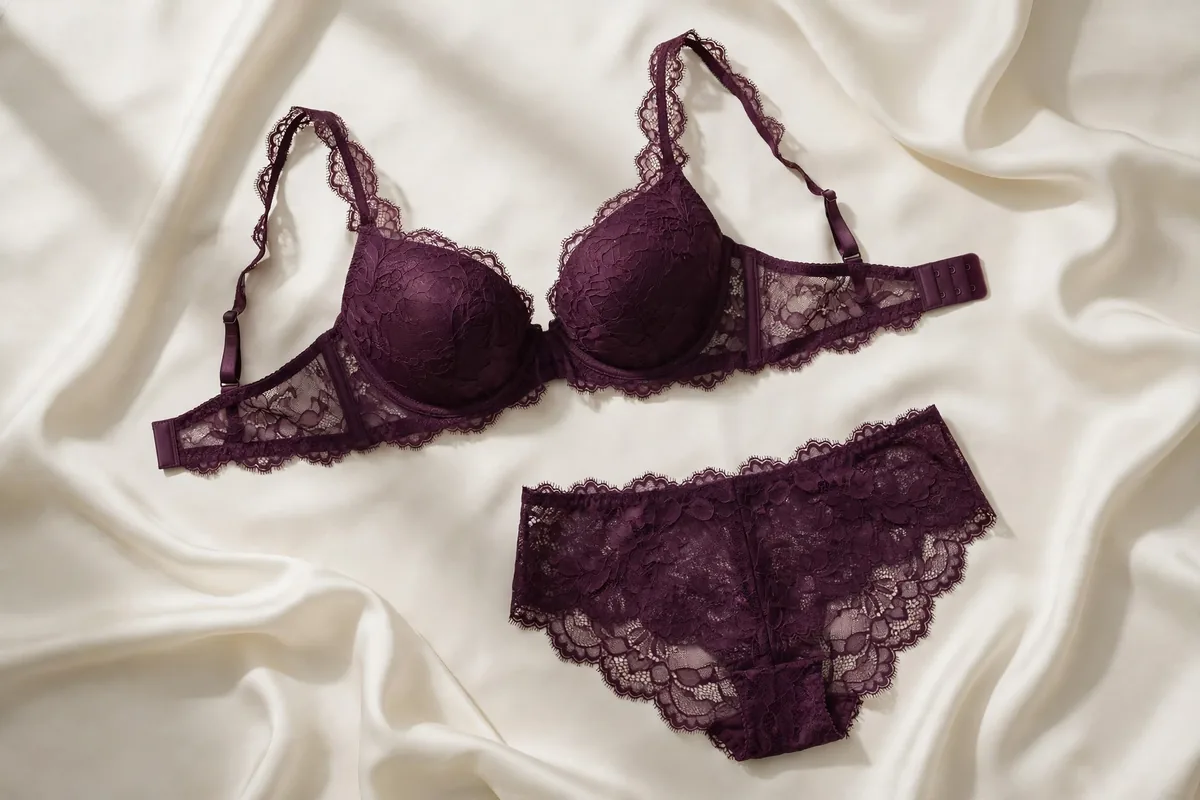 Deep plum lace bra and matching lace panty set on ivory silk