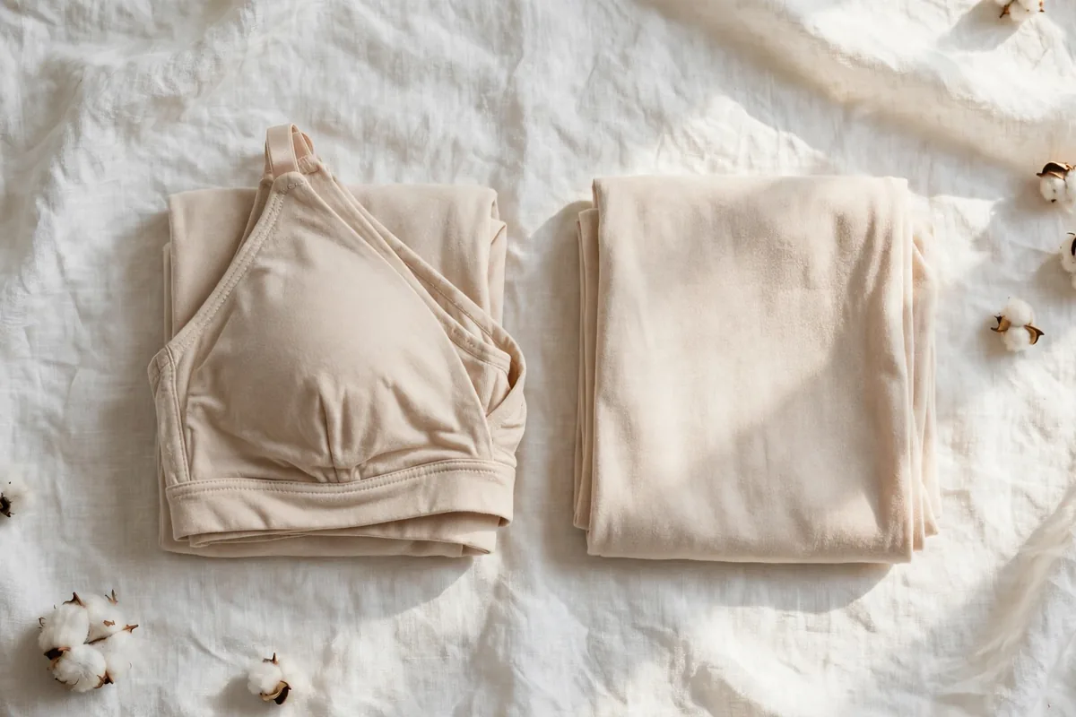 Folded beige cotton soft bra and matching folded garment with cotton bolls