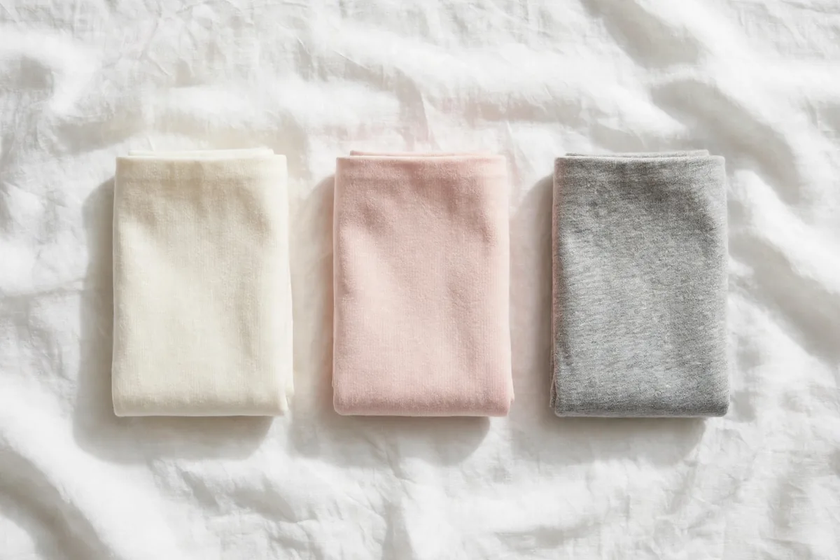 Three folded cotton panties in ivory, blush and heather grey in a row