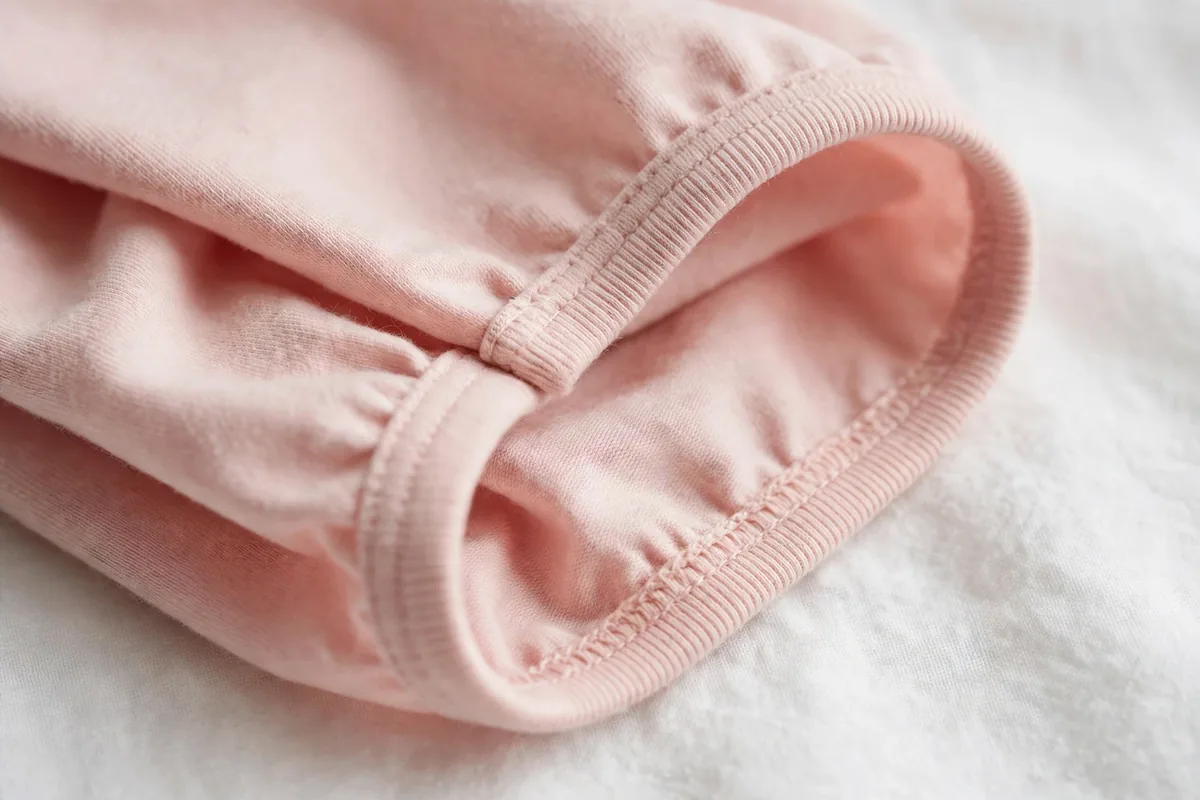 Close-up of blush cotton panty fabric and soft elastic leg trim