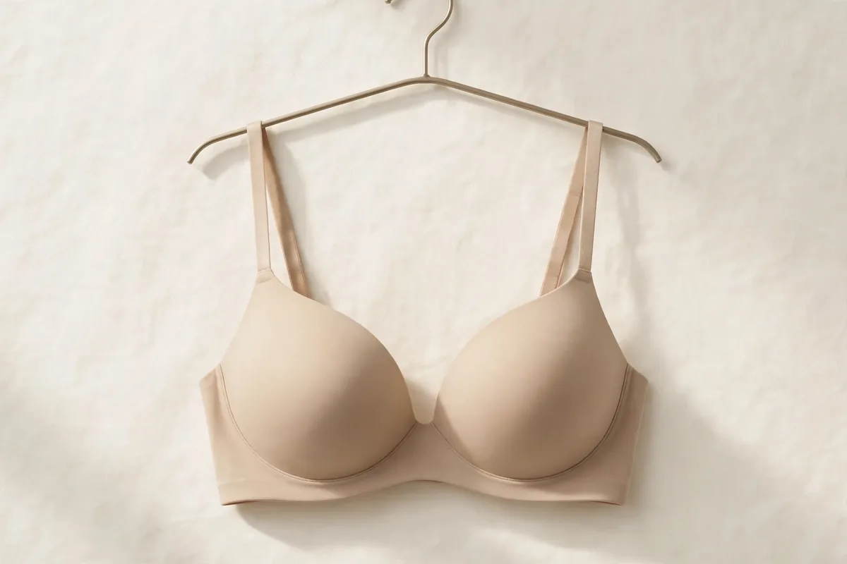 Beige seamless t-shirt bra with smooth moulded cups on a hanger