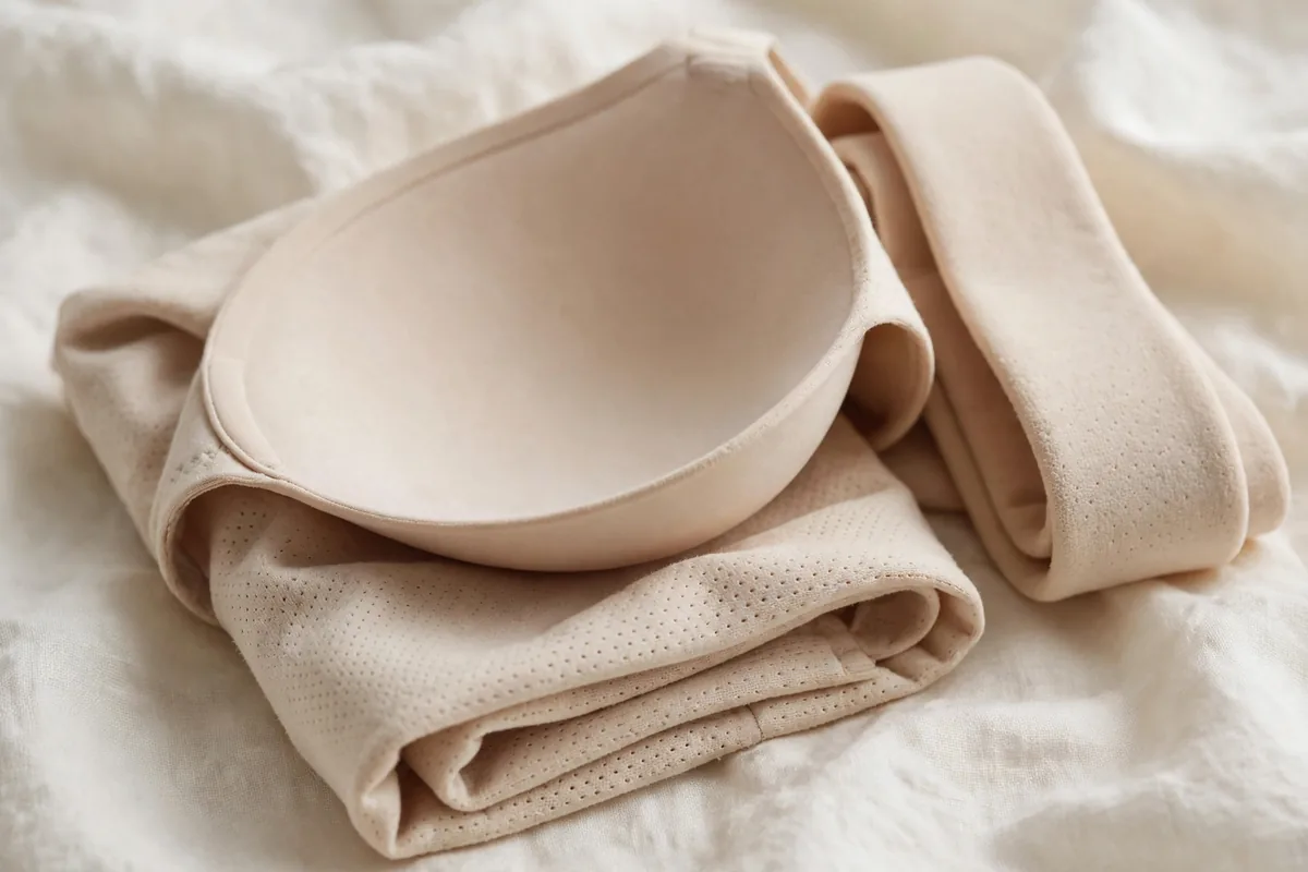 Folded beige t-shirt bra showing the smooth cup and breathable fabric