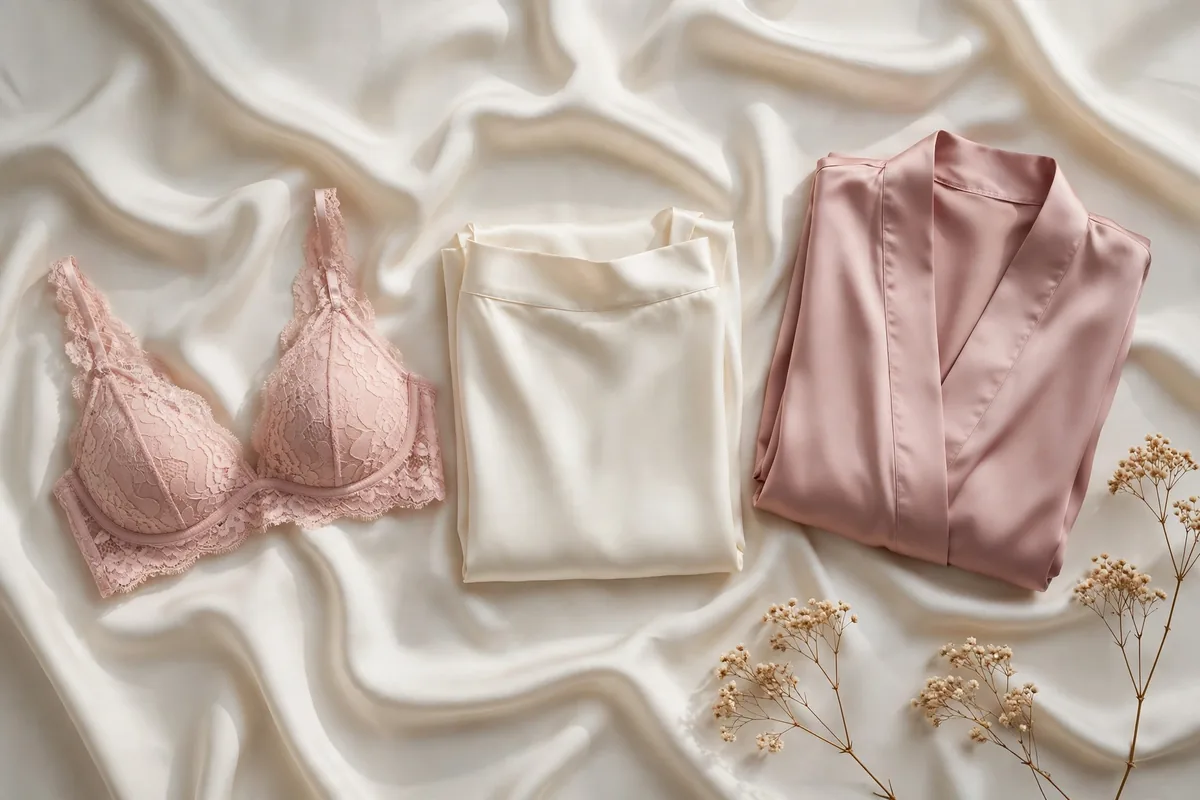 Tasteful arrangement of blush bras, a folded satin nighty and a cotton set on ivory silk