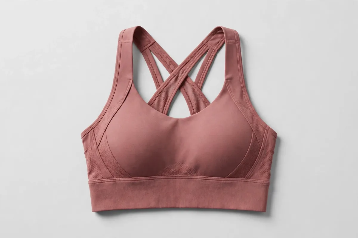 Dusty rose high-support sports bra with cross-back straps laid flat