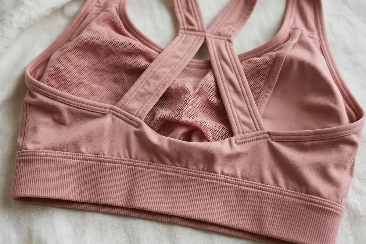 Close-up of the sports bra wide underband, cross-back straps and mesh panel