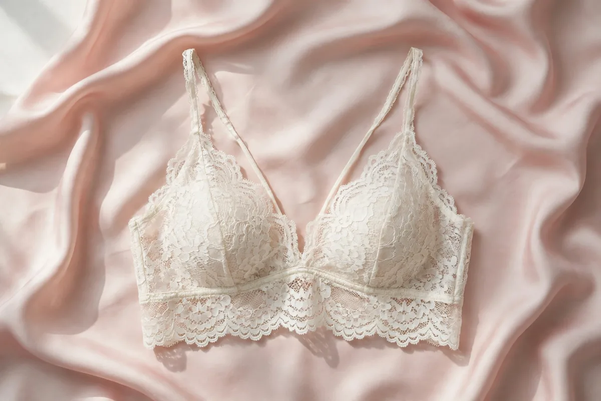 Ivory lace bralette with scalloped edges laid flat on blush silk