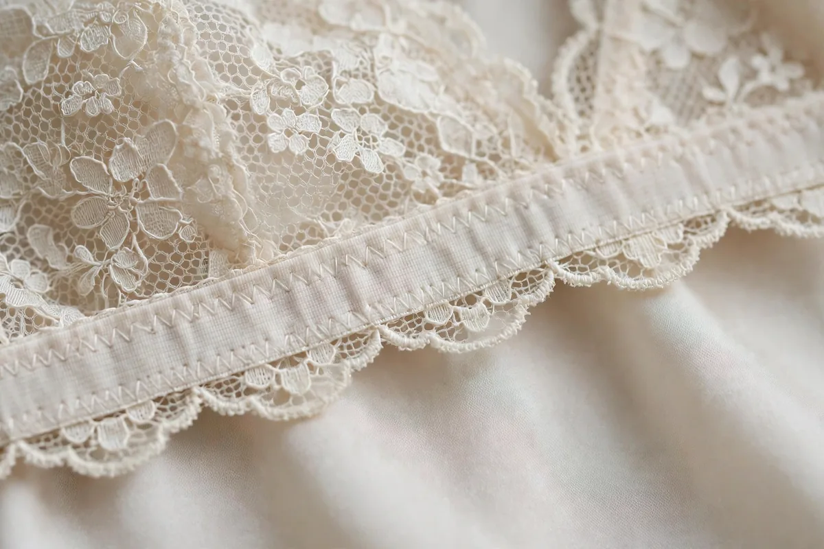 Macro detail of ivory floral lace and the soft elastic band of the bralette