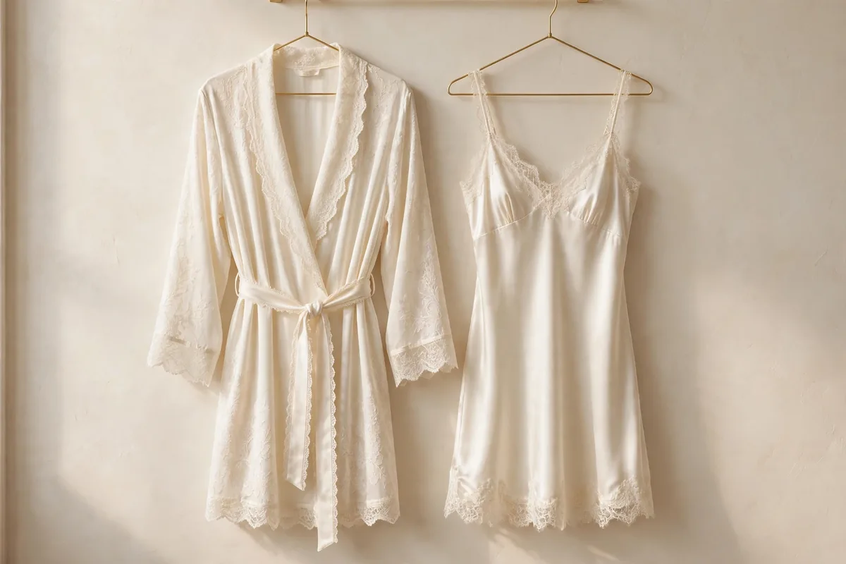 Ivory lace-trim robe with tie belt and matching satin nighty on hangers