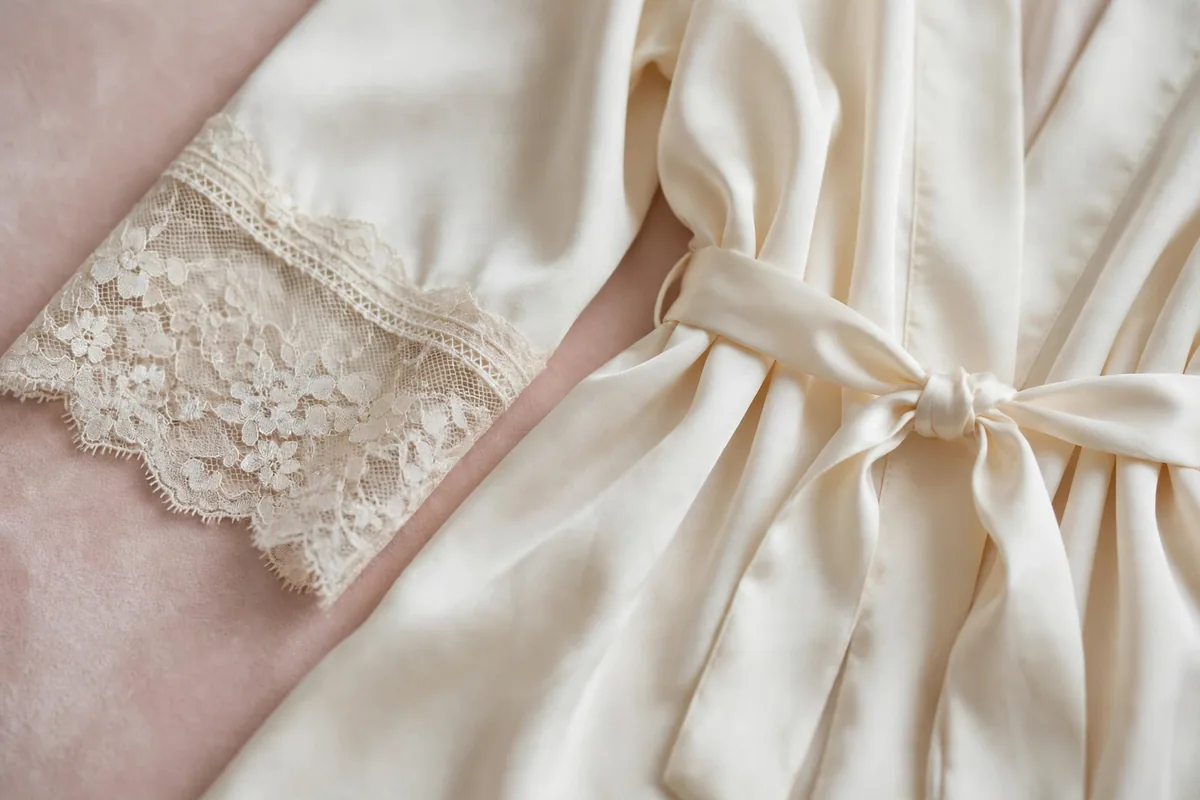 Close-up of the robe lace sleeve cuff and satin tie belt