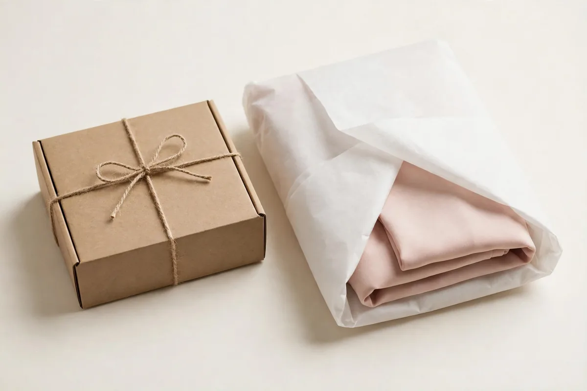 Plain unbranded kraft parcel box with only the word Clothing on the label beside folded blush garments