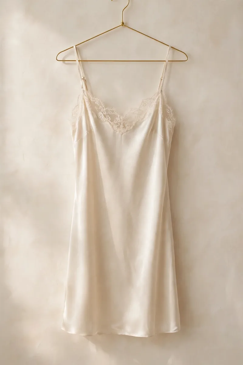 Champagne satin nighty with lace neckline hanging on a gold hanger