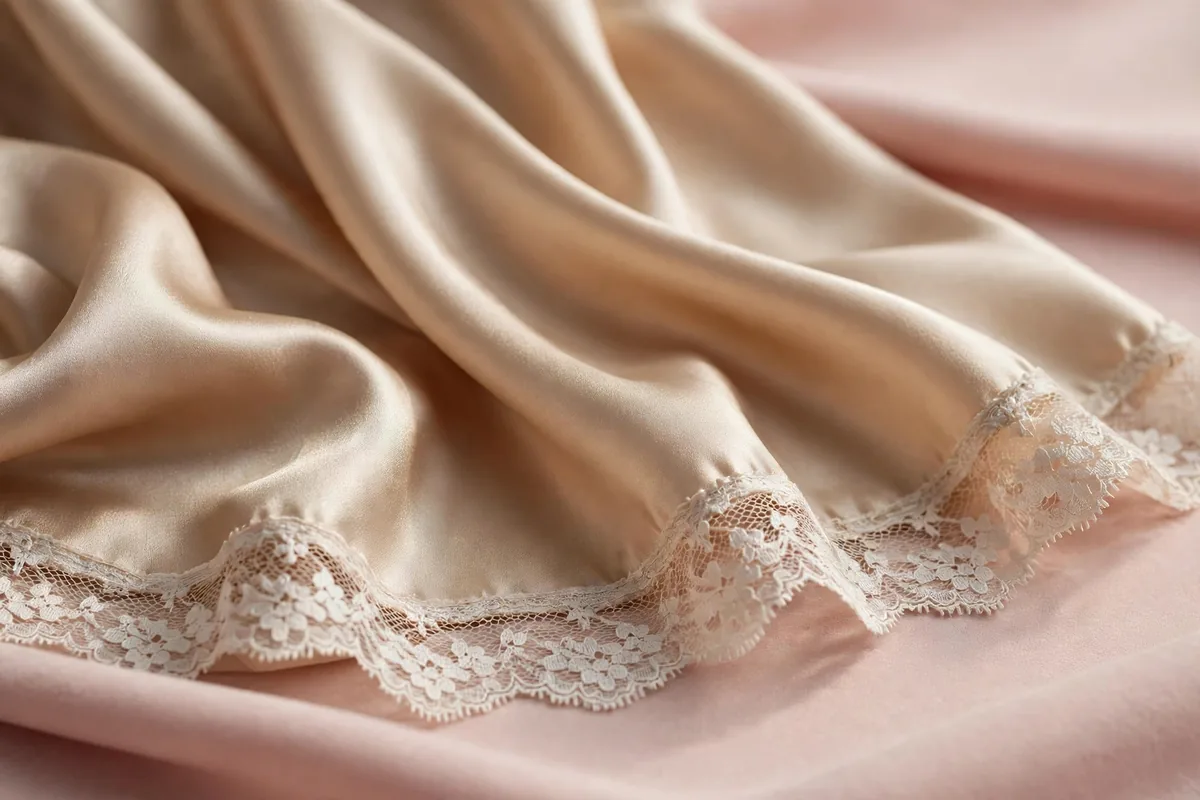 Close-up of champagne satin fabric and delicate lace hem of the nighty