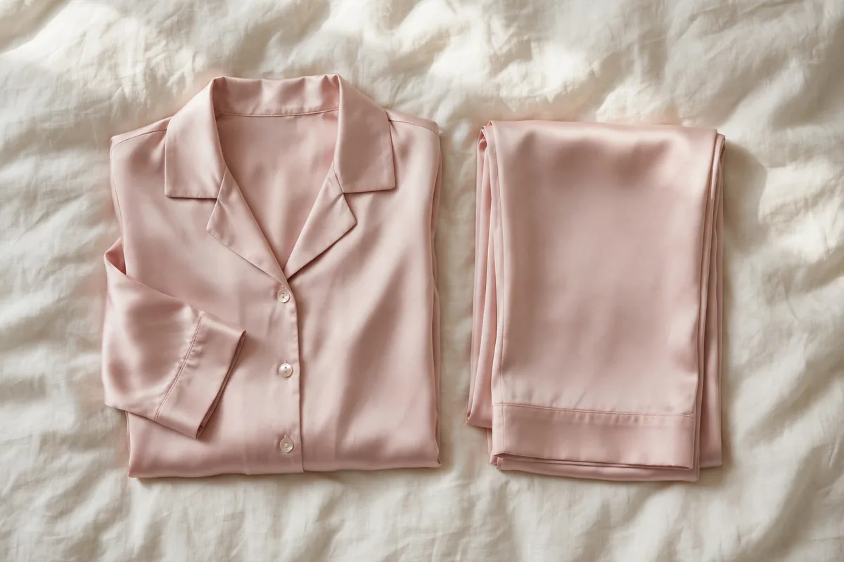 Blush satin pajama shirt and trousers neatly folded on ivory linen