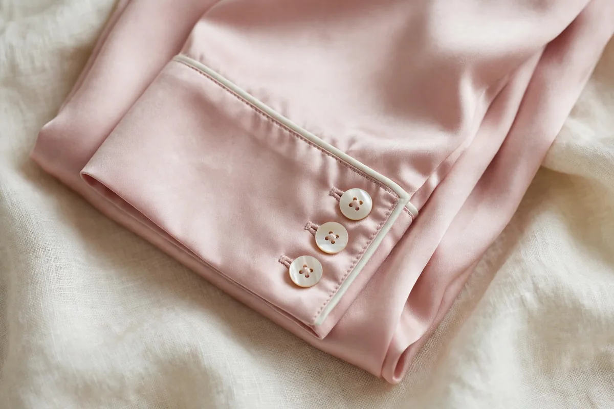 Close-up of the satin pajama buttoned cuff and contrast piping