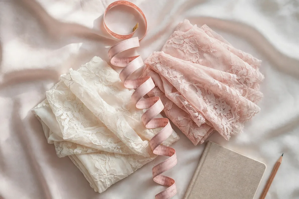 Measuring tape, notebook, pencil and a blush bra arranged for at-home size measuring